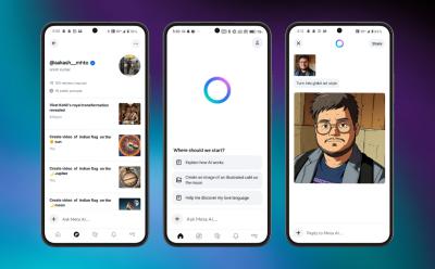 ullustration of three phones previewing different screens inside the Meta AI app on Android
