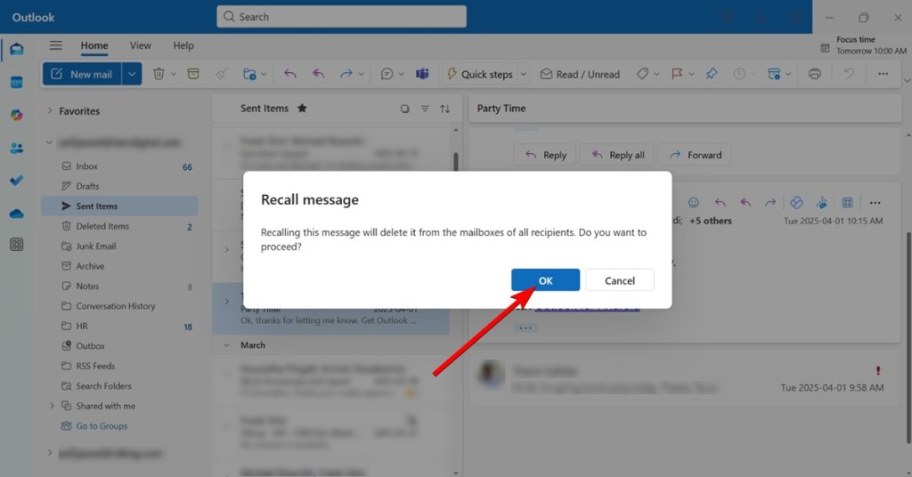 Recall email prompt