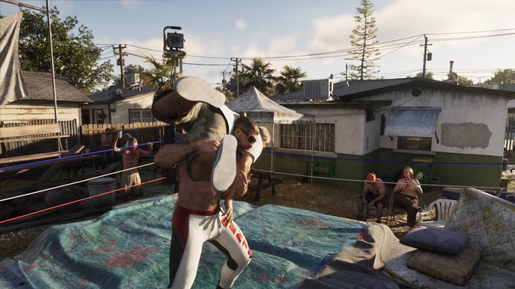 Jason wrestling in the backyard with a wrestler in GTA 6.