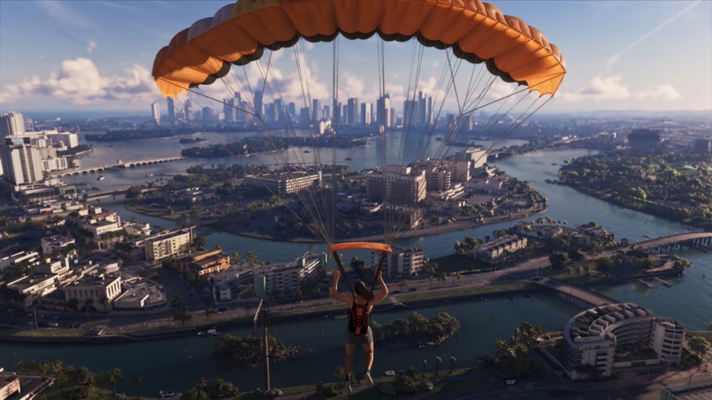 Base jumping in Leonida with Lucia in GTA 6.