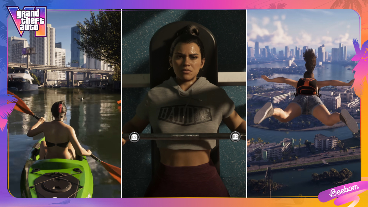 GTA 6 all activities featured image with Lucia kayaking (left), Lucia bench-pressing (middle), and Lucia base jumping (right).