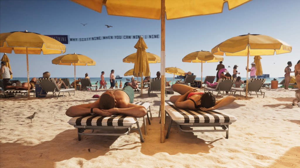 Jason and Lucia sunbathing on the Vice Beach in GTA 6.