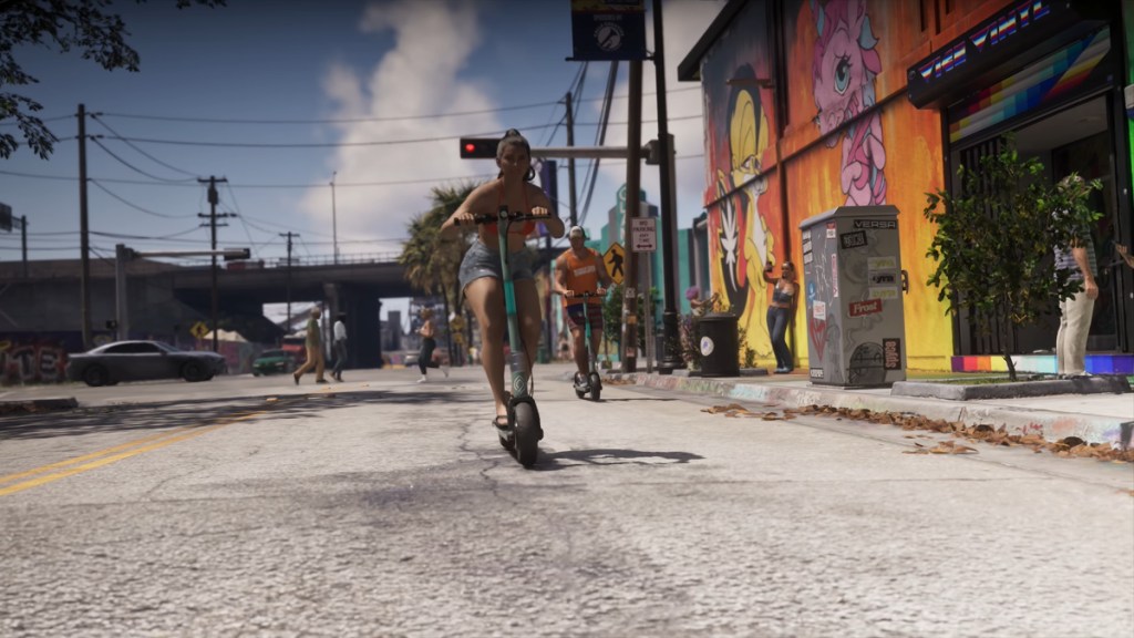 Lucia and Jason riding electric scooters through the city in GTA 6.