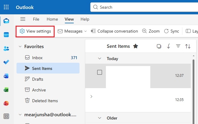 open view settings in outlook