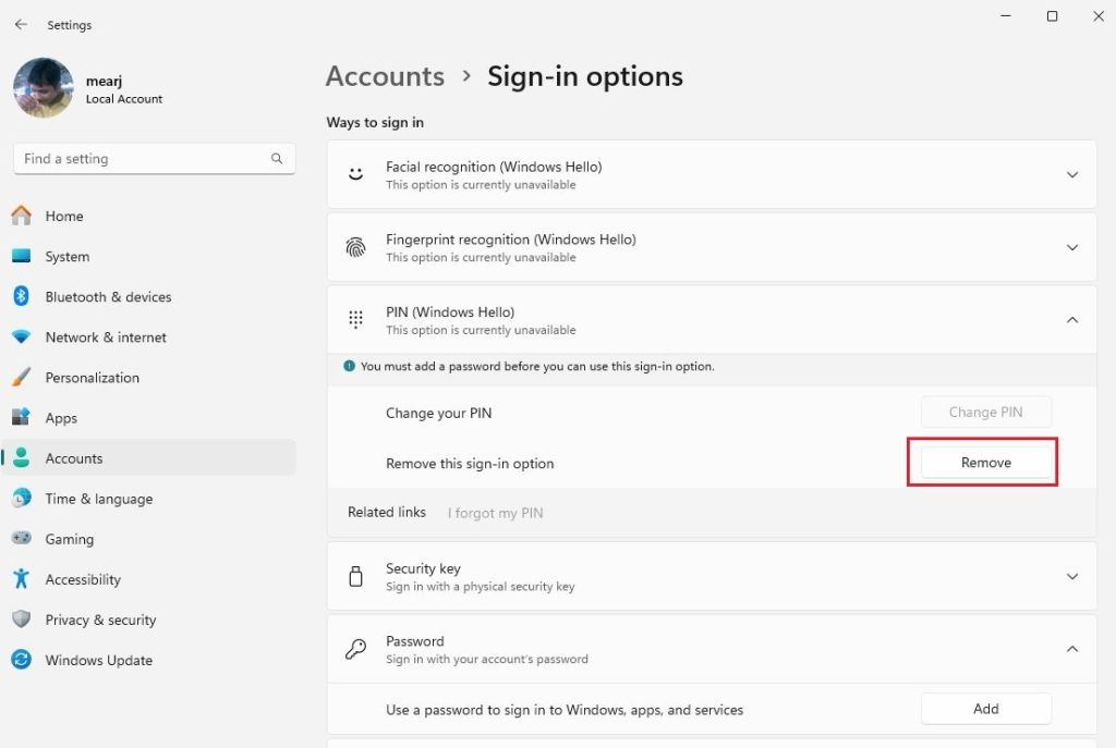 remove pin in windows 11