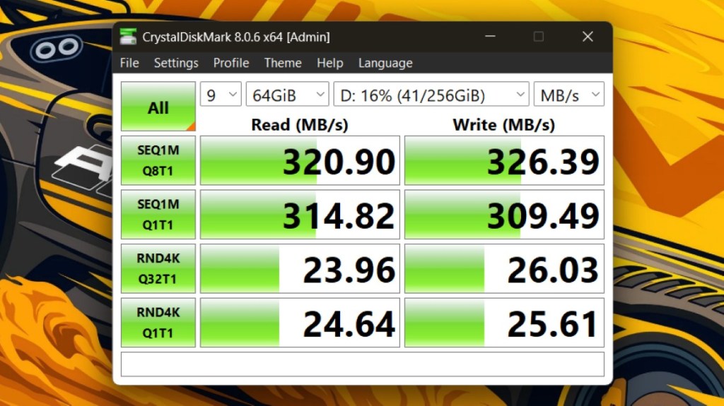 CrystalDiskMark wired file transfer read and write speed test