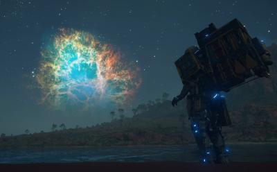 Sam traversing through the lands at night in Death Stranding 2.