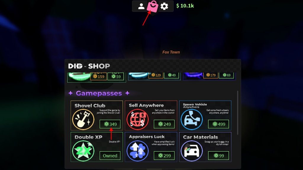 Dig Shovel Club Gamepass purchase option