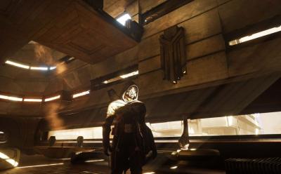 Character standing in a base in Dune Awakening