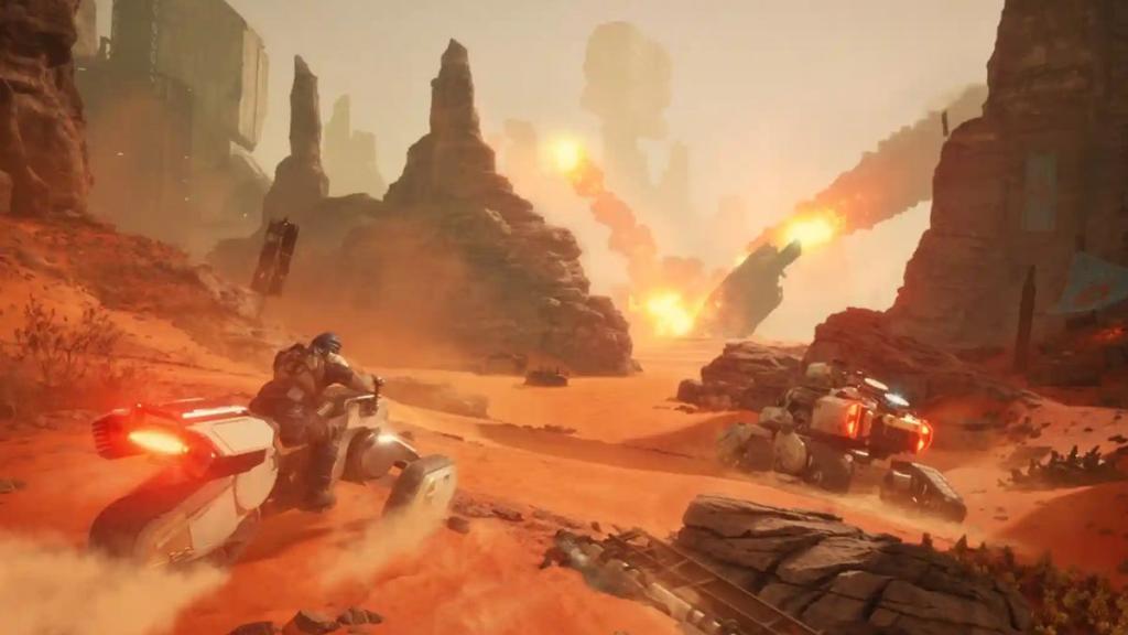 Vehicles travelling through Arrakis in Dune Awakening