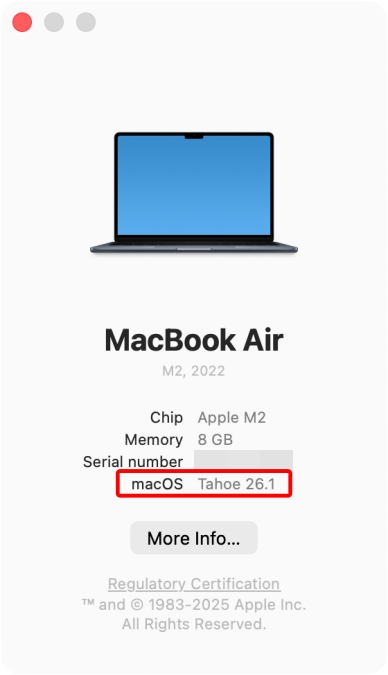 Mac screenshot showcasing the About This Mac screen for checking macOS software version
