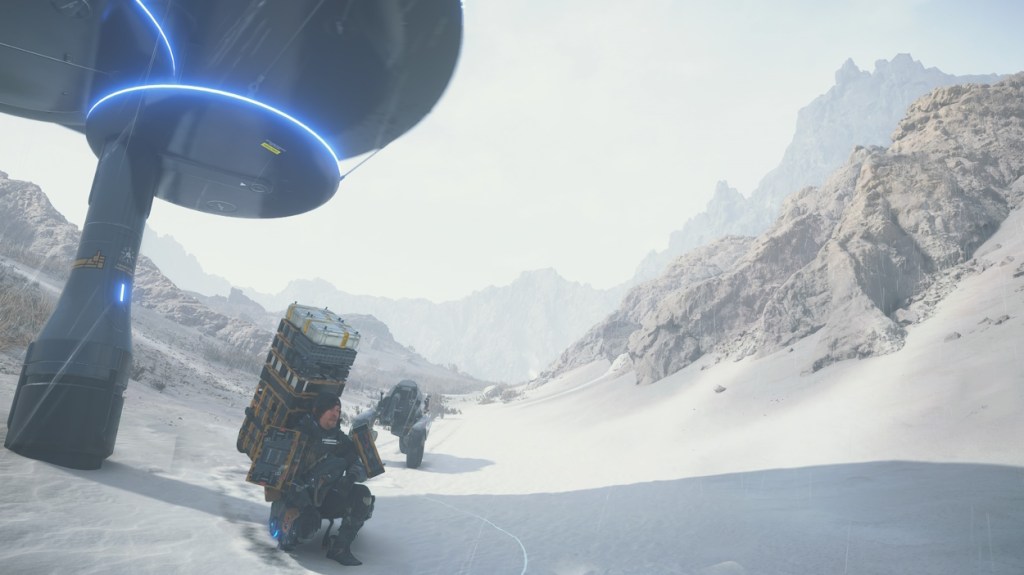 Sam resting in a timefall shelter in Death Stranding 2