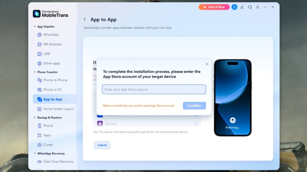 Enter Apple App Store account details to enable iPhone App Transfer