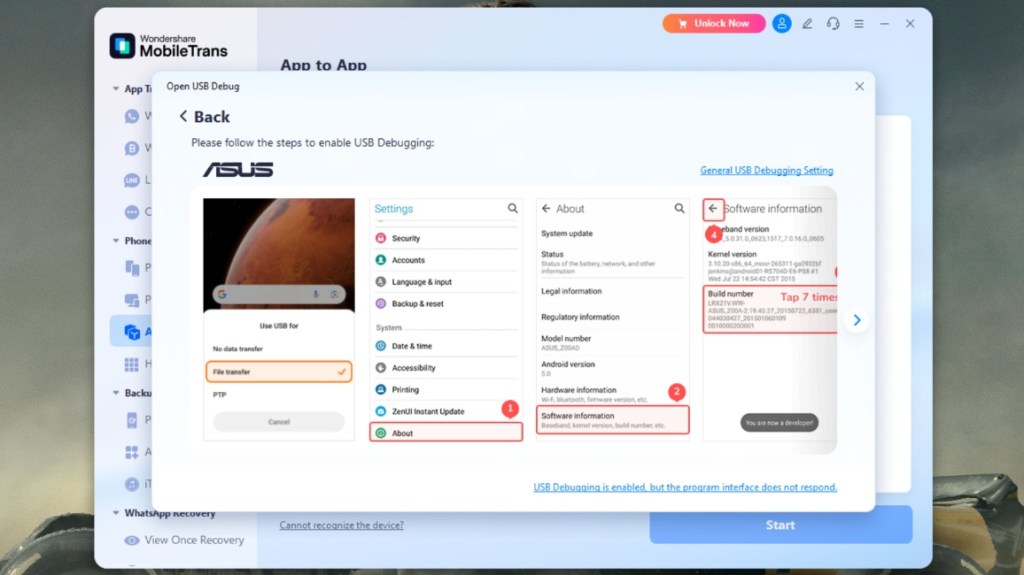 On screen instructions to enable USB debugging on Android