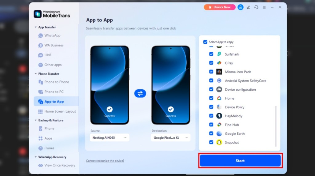 Select the apps to transfer on MobileTrans and click on Start