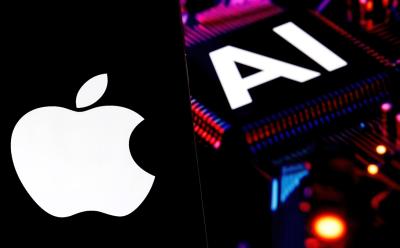 Apple Inc. logo on a phone with a blurred AI chip in the background