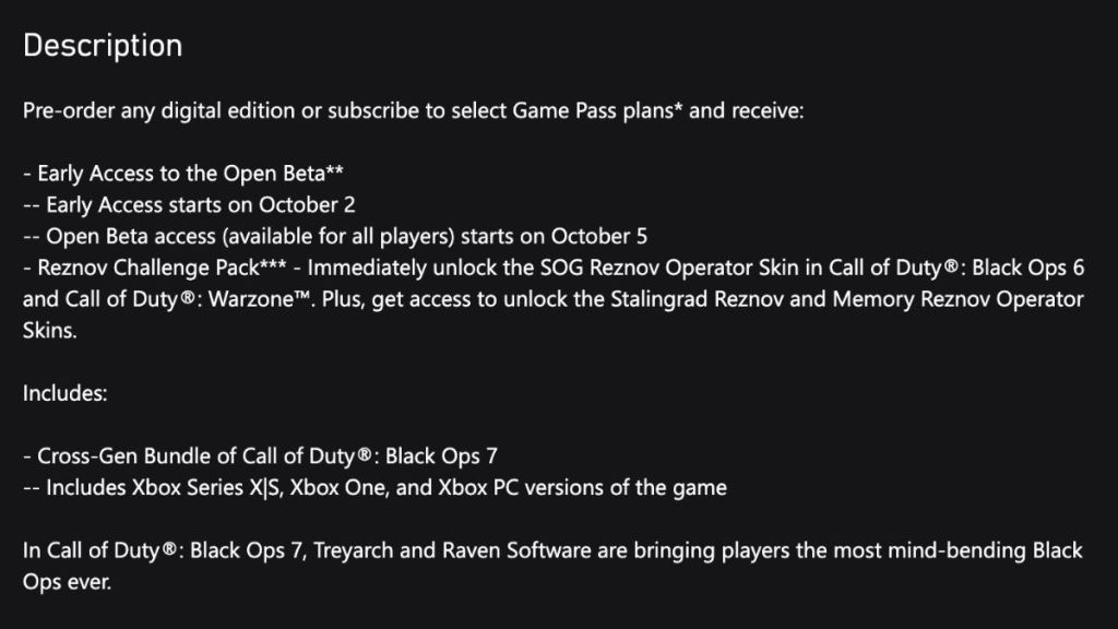 Black Ops 7 Xbox Store Open Beta Listing