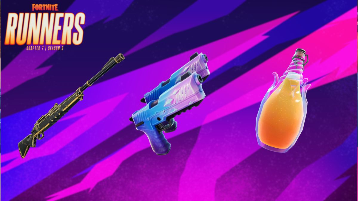 Lawless Stink Rifle, Hop Rock Dualies, and SlapBerry Fizz with the Fortnite Chapter 7 Season 3 logo
