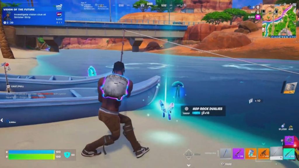 Travis Scott fishing and finding Hop Rock Dualies in Fortnite