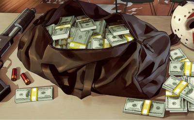 Table with a bag of cash, a Silenced Pistol, and a Hockey Mask in GTA Online