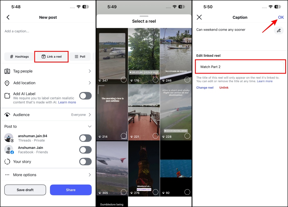 Linking a new Instagram reel