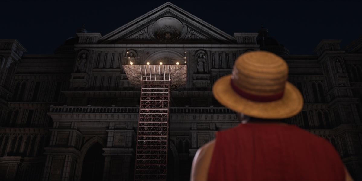 Luffy standing before Roger execution place in One Piece live action