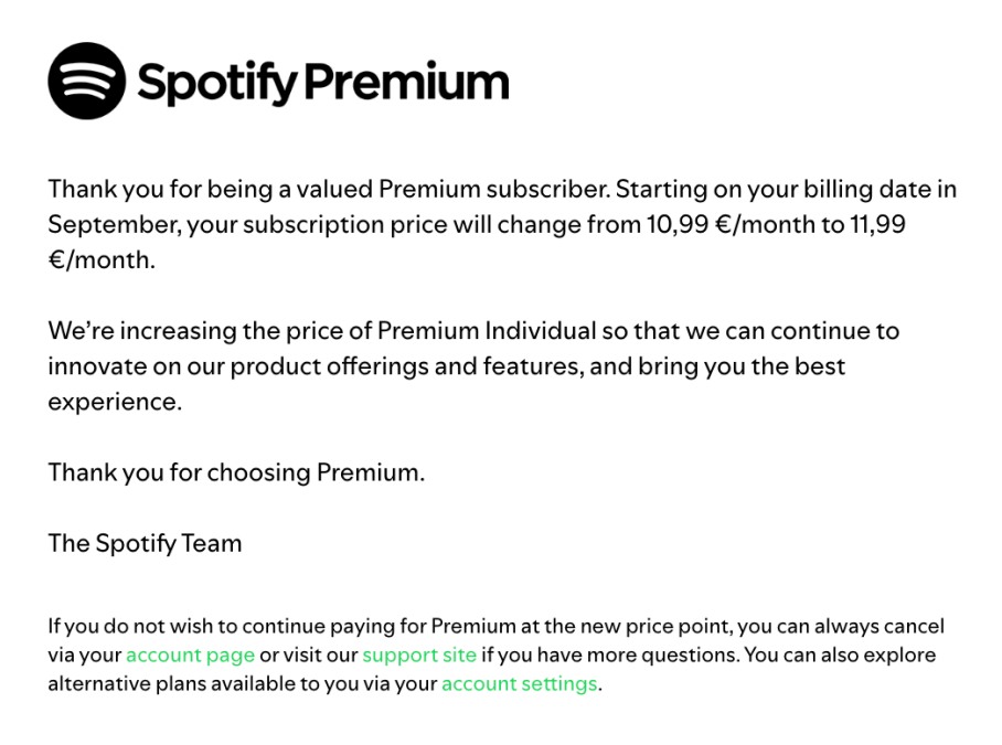 Spotify Price Increase Email