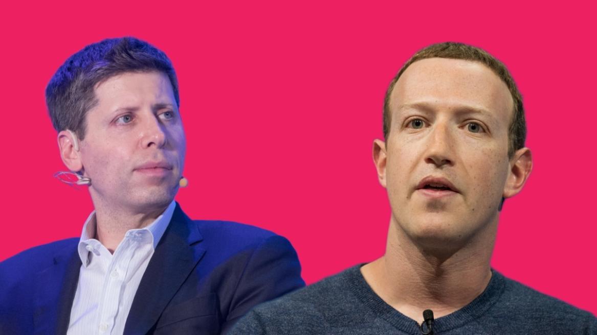 sam altman and mark zuckerberg in a red background
