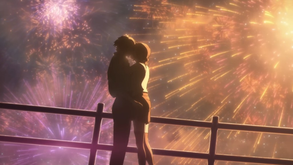 Denji and Reze kissing during the fireworks