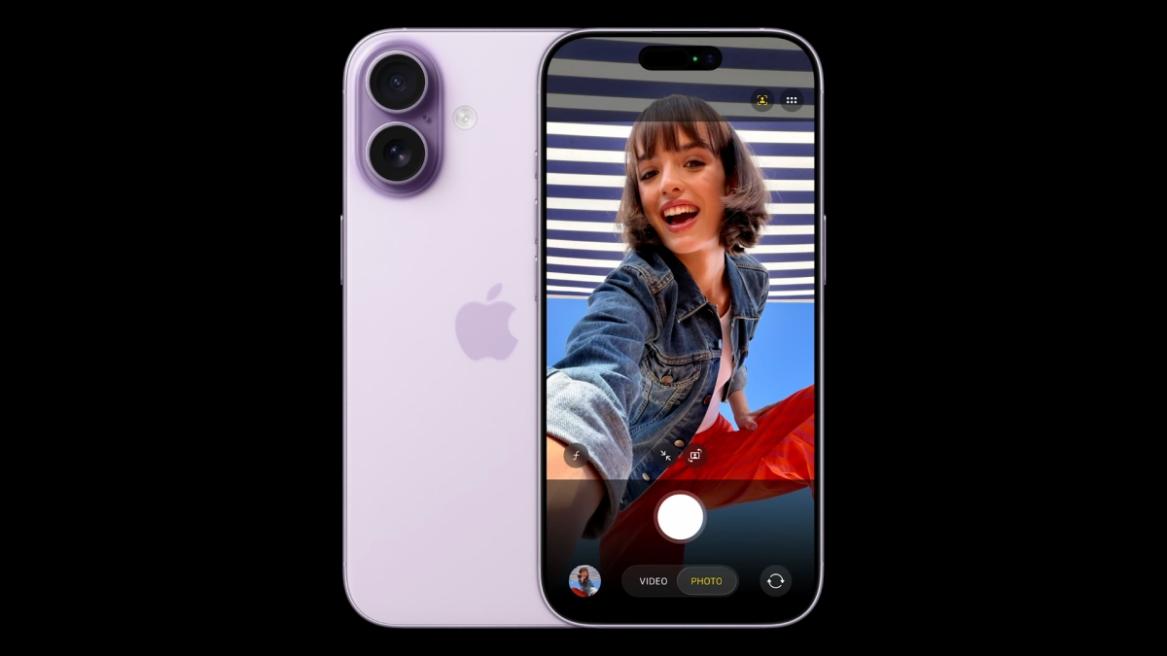 Showing the iPhone 17 from front and back with a preview of a someone's selfie