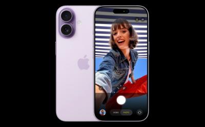 Showing the iPhone 17 from front and back with a preview of a someone's selfie