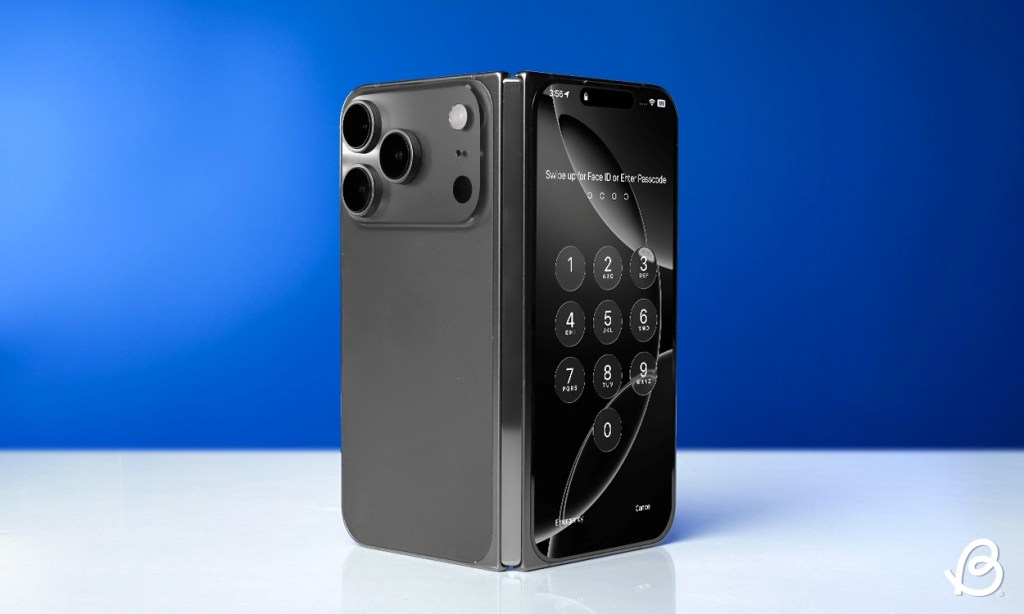 foldable iPhone in front of a blue background