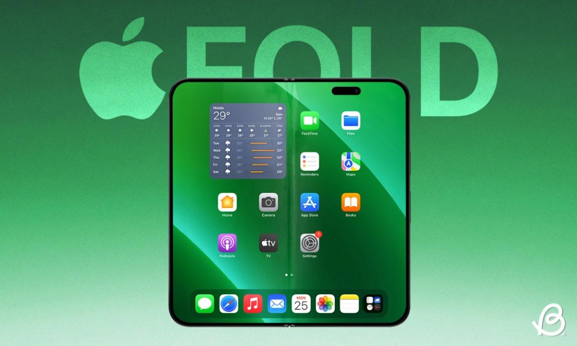 foldable iPhone render on a green background