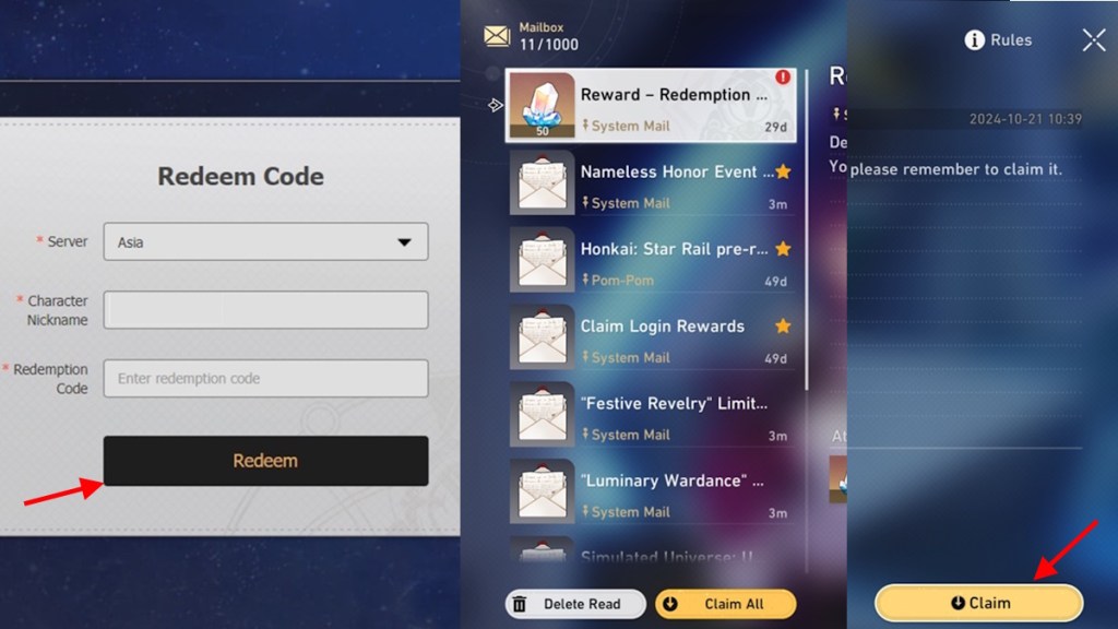 redeem HSR codes website method