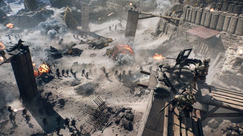 A drone shot of all-out warfare in Battlefield 6