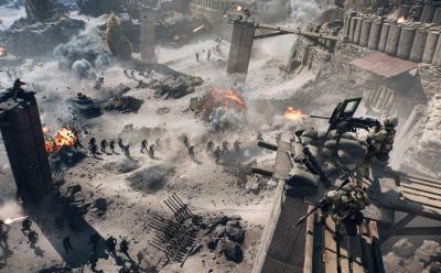 A drone shot of all-out warfare in Battlefield 6