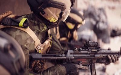 Soldier holding the MP5 in Battlefield 6