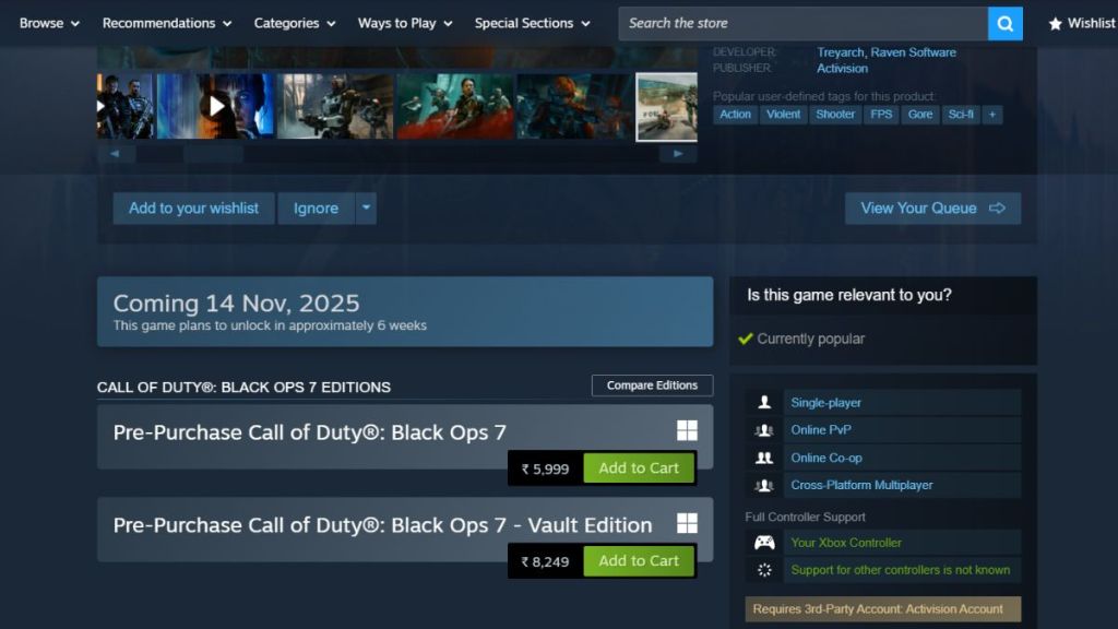 Página de la Tienda de Steam de Black Ops 7