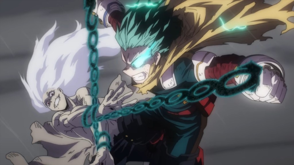 Deku tying up Tomura in MHA final season