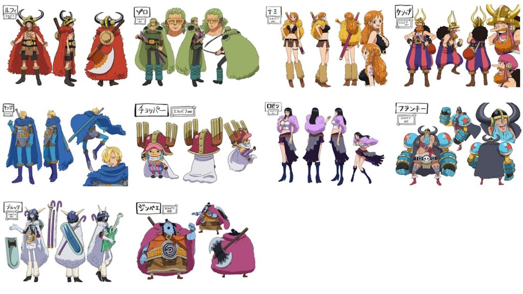 Straw Hat Pirates character designs in Elbaf arc.