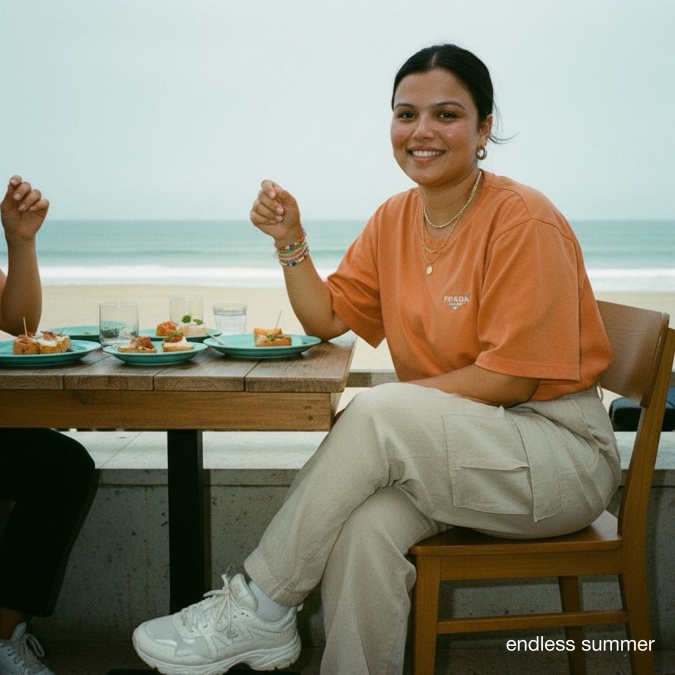 Endless Summer Photo of a Woman posing with a tea on a beach