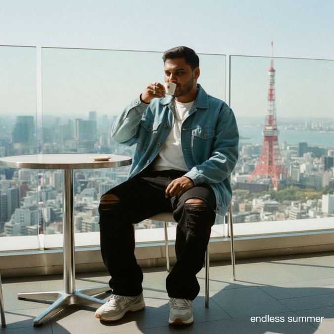 Endless Summer Photo of a man sipping coffee with a tokyo backdrop