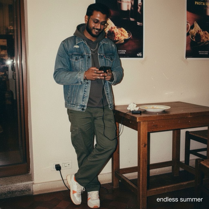 Endless Summer of a man leaning against a wall with a phone in hand