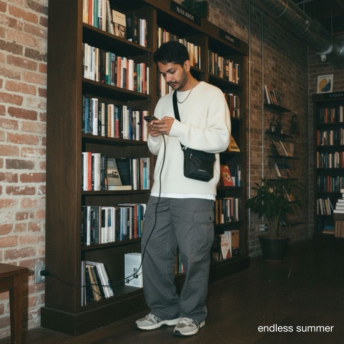 Endless Summer photo of a man using their phone near a bookshelf