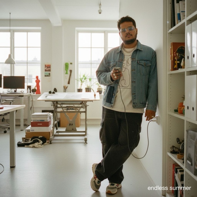 Endless Summer photo showing a man leaning against a bookshelf