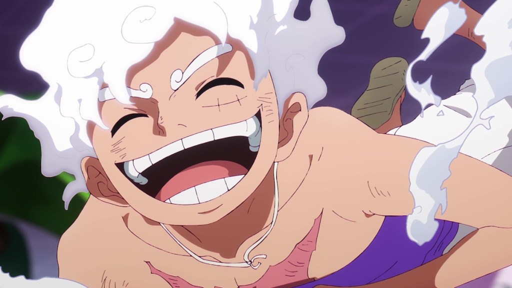 Luffy smiling in his gear 5 form at Egghead island