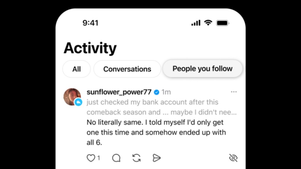 New People You Follow Filter in Threads app Activity Feed screenshot