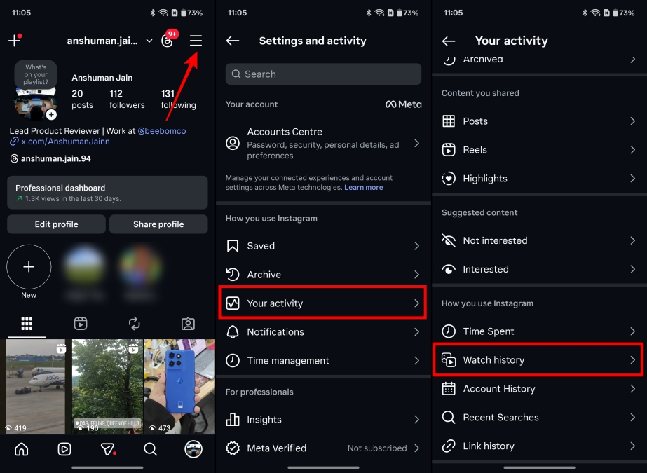 Screenshots showing how to access the Instagram reels Watch History feature