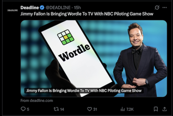 Jimmy Fallon Wordle game TV show tweet by Deadline