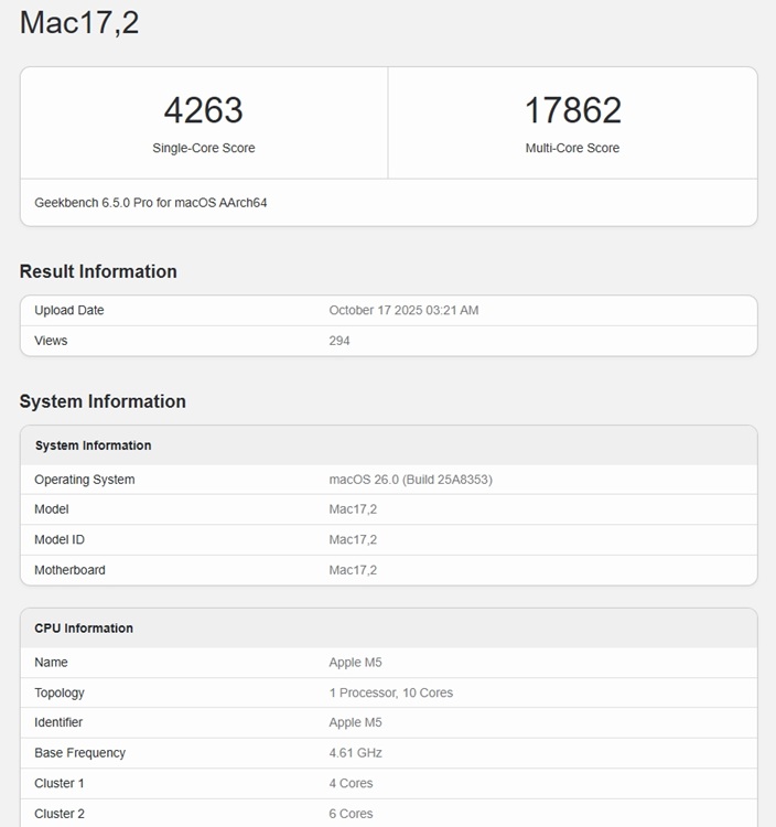 apple m5 geekbench score